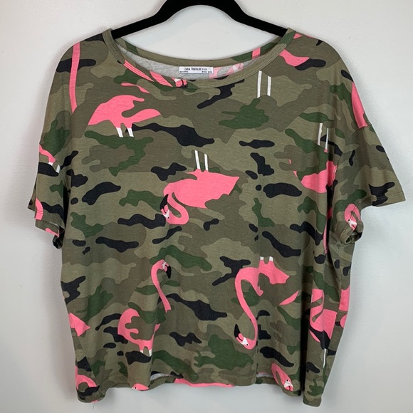 Zara Trafaulic Camo Flamingo Print Short Sleeve Cropped Top - Picture 1 of 7